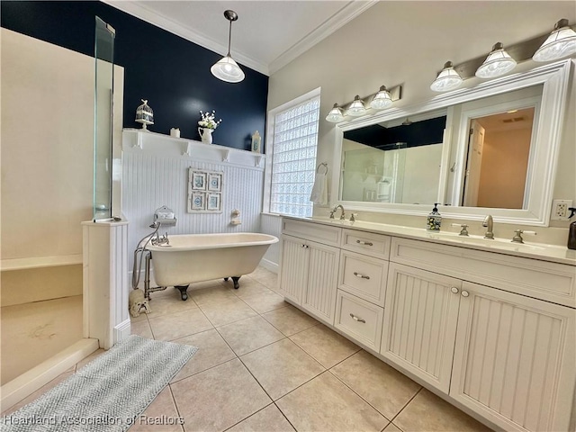 bathroom with tile patterned flooring, vanity, separate shower and tub, and crown molding