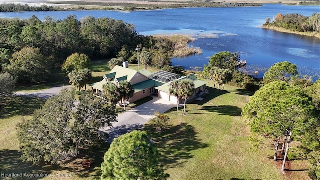 drone / aerial view featuring a water view