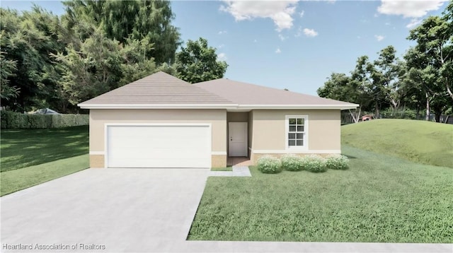 view of front of house featuring a garage and a front lawn