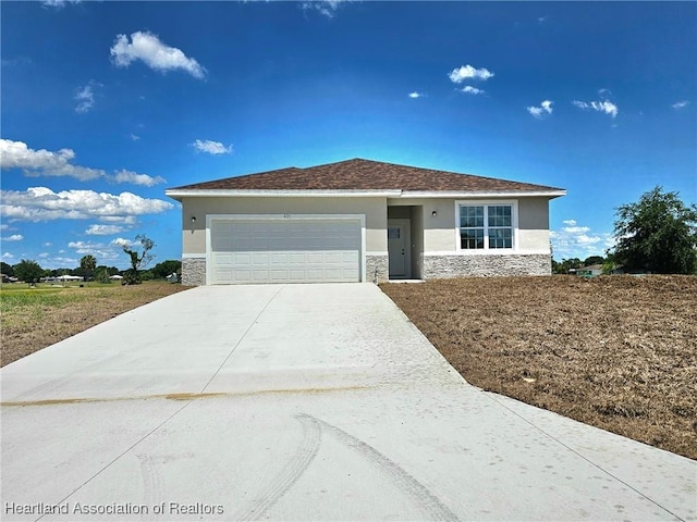 425 Floral Dr, Sebring, FL 33876 - view of front of house featuring stone siding, a garage, and stucco siding