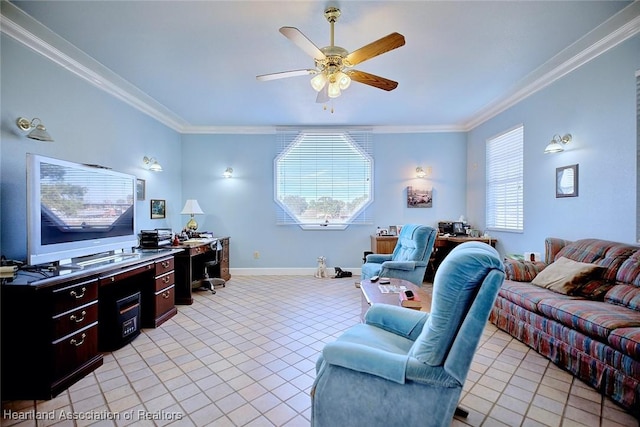 tiled living room featuring a healthy amount of sunlight, ceiling fan, and crown molding