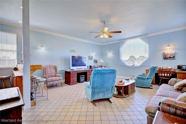 living room featuring ceiling fan and crown molding