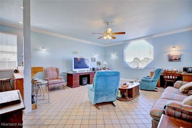 living area with light tile patterned floors, crown molding, and ceiling fan