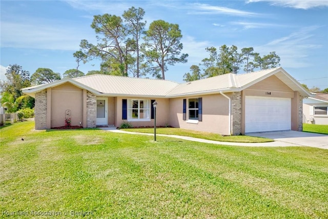 ranch-style house with a garage, brick siding, and a front lawn