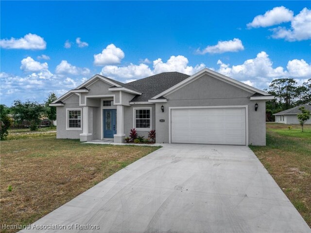 4825 Whiting Dr, Sebring, FL 33870 - ranch-style house featuring a front yard, stucco siding, a garage, and driveway