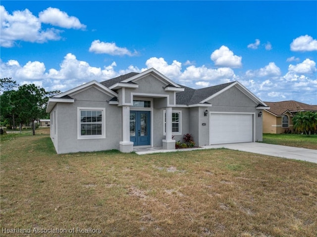 4825 Whiting Dr, Sebring, FL 33870 - single story home with an attached garage, french doors, stucco siding, concrete driveway, and a front lawn