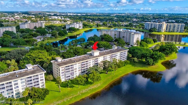 drone / aerial view featuring a water view