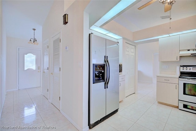 kitchen featuring stainless steel refrigerator with ice dispenser, decorative light fixtures, light tile patterned floors, range hood, and white electric range oven