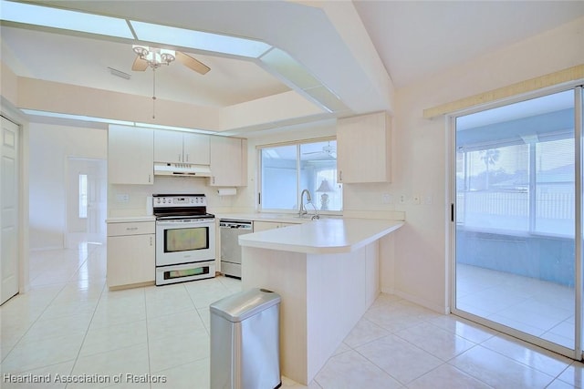 kitchen with kitchen peninsula, a healthy amount of sunlight, white electric stove, dishwasher, and white cabinets