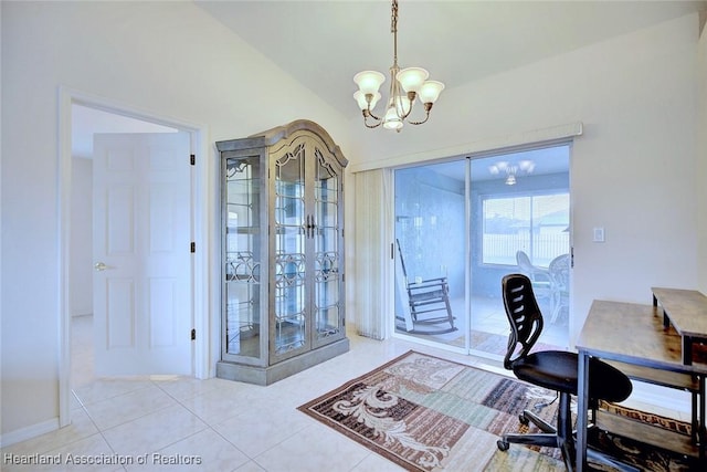 tiled office featuring vaulted ceiling and an inviting chandelier