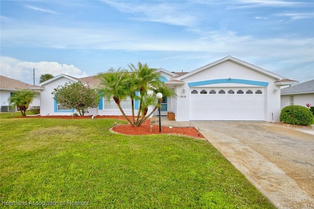 single story home featuring central AC, a front yard, and a garage