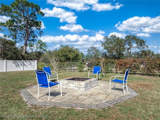 view of patio / terrace featuring an outdoor fire pit