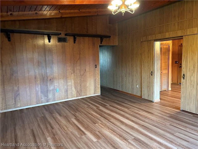 unfurnished room with light hardwood / wood-style floors, wood walls, and wood ceiling