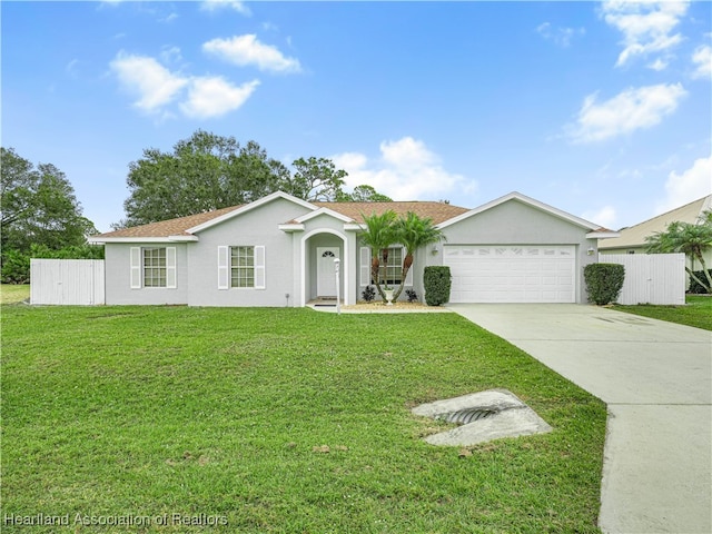 ranch-style house with a garage and a front yard