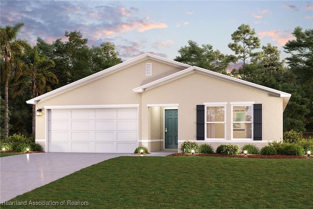 single story home with an attached garage, driveway, a front lawn, and stucco siding