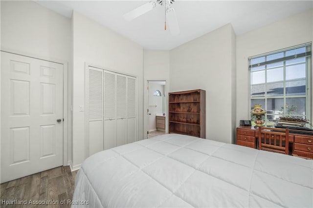 bedroom with hardwood / wood-style floors, a closet, ensuite bath, and ceiling fan