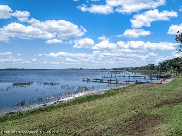 dock area with a water view and a yard