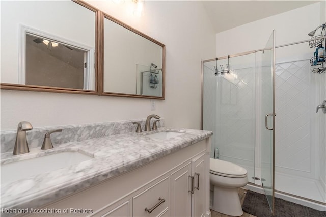 bathroom featuring vanity, toilet, and a shower with shower door