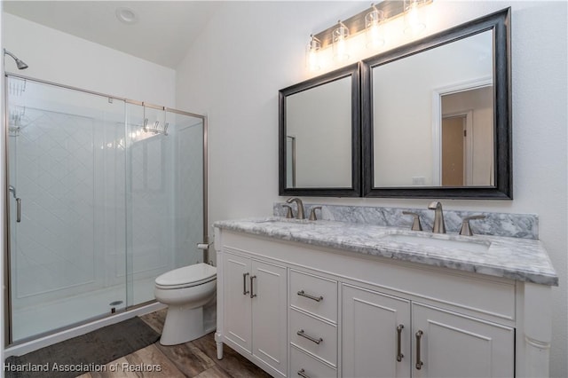 bathroom featuring wood-type flooring, vanity, toilet, and a shower with shower door