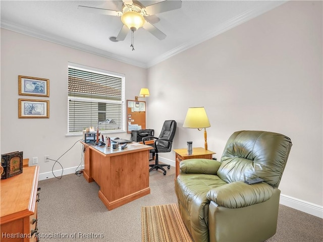 office area featuring ornamental molding and ceiling fan