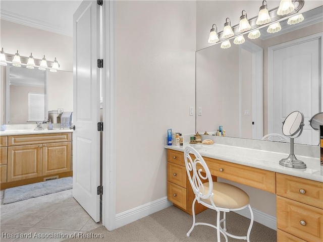 bathroom with vanity and ornamental molding