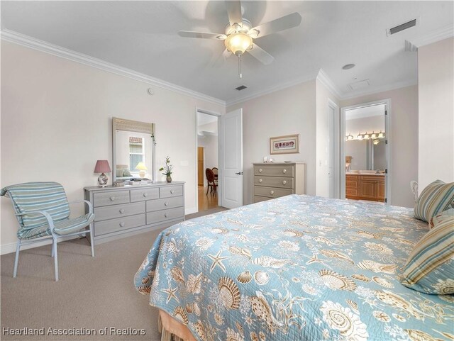 living room with tile patterned flooring, crown molding, and ceiling fan