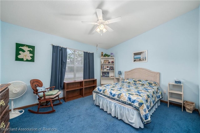 bedroom with carpet flooring, ceiling fan, and lofted ceiling