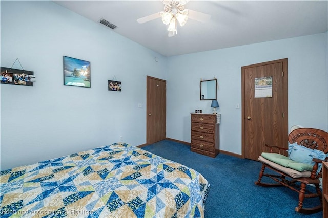 bedroom featuring dark colored carpet and ceiling fan