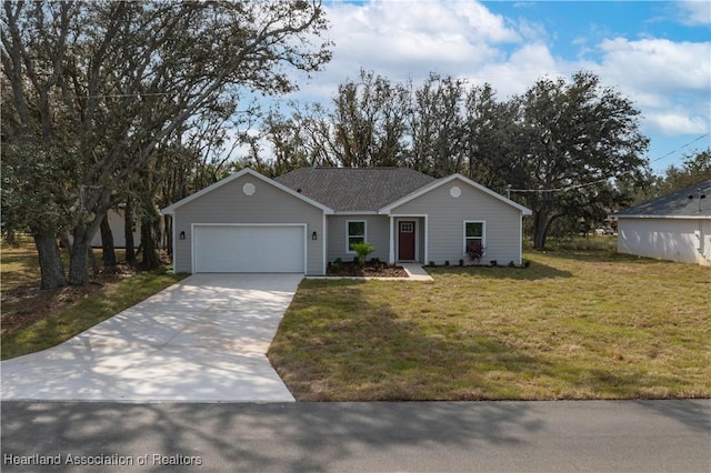 single story home featuring a garage and a front yard