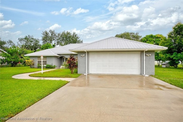 single story home with a front yard and a garage