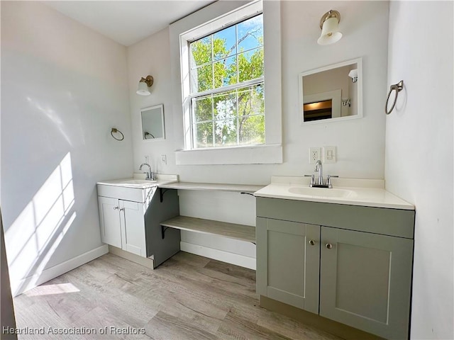 bathroom with vanity and hardwood / wood-style flooring