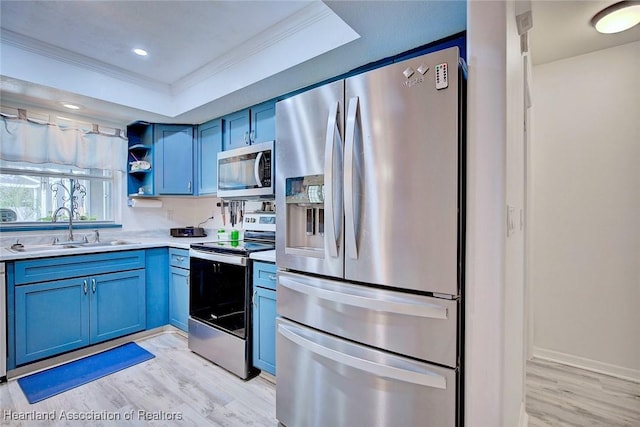 kitchen with light hardwood / wood-style floors, a raised ceiling, sink, appliances with stainless steel finishes, and blue cabinetry