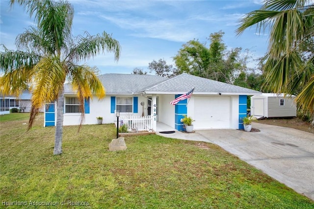 ranch-style home featuring a garage, a front lawn, and a storage unit