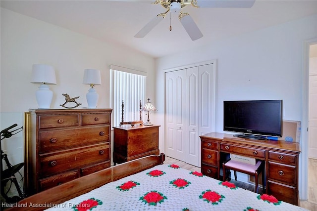 bedroom with ceiling fan and a closet