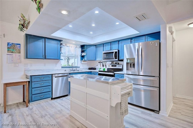 kitchen with light hardwood / wood-style floors, stainless steel appliances, a raised ceiling, blue cabinets, and sink