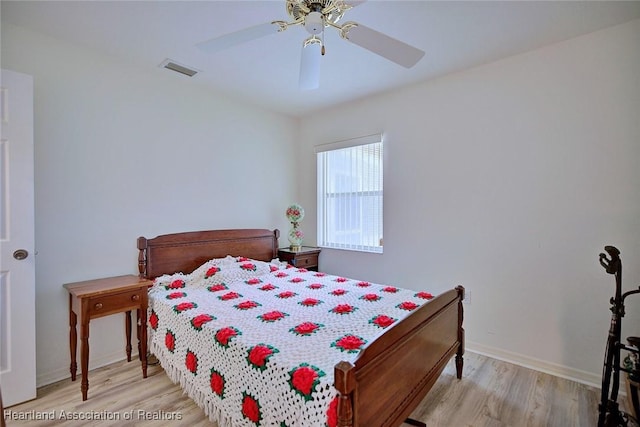 bedroom featuring ceiling fan and light wood-type flooring