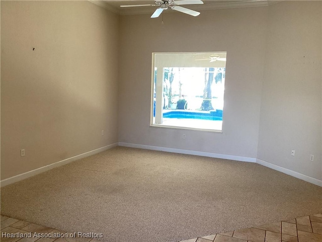 carpeted spare room featuring ceiling fan and crown molding