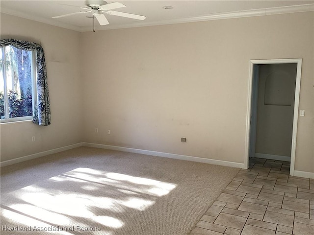 spare room with ceiling fan and ornamental molding