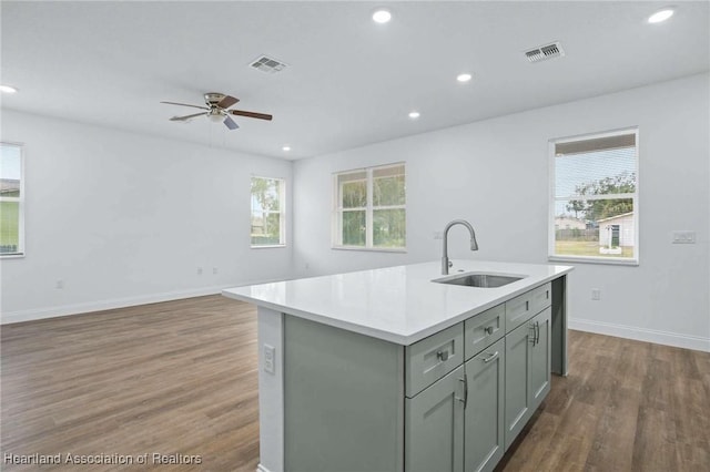 kitchen featuring gray cabinetry, ceiling fan, sink, hardwood / wood-style flooring, and a center island with sink