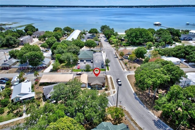 bird's eye view with a water view