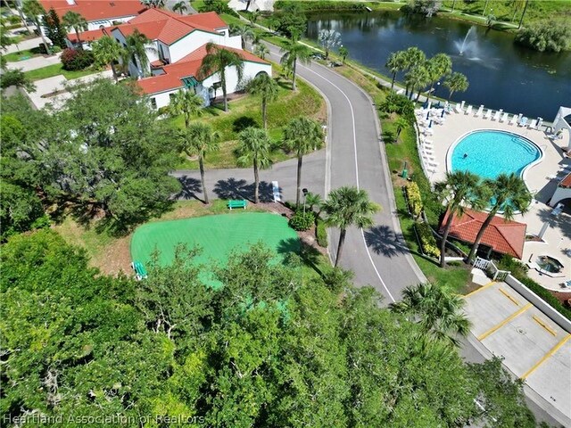 aerial view featuring a water view