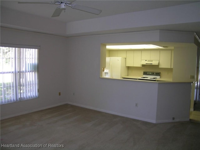 kitchen with white refrigerator with ice dispenser, stove, light colored carpet, and under cabinet range hood