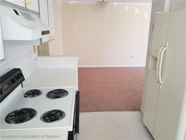 kitchen featuring light tile patterned flooring, light colored carpet, under cabinet range hood, white appliances, and light countertops