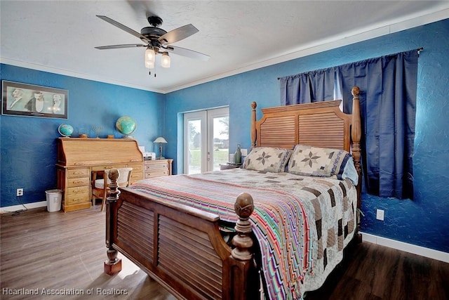 bedroom with access to exterior, ceiling fan, dark hardwood / wood-style flooring, and french doors