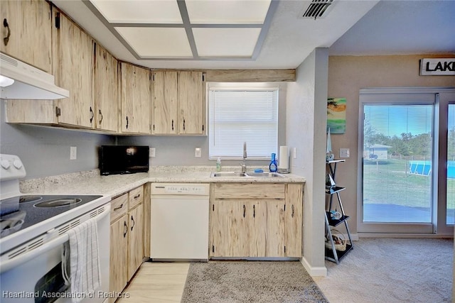 kitchen with light brown cabinetry, sink, white appliances, and light colored carpet