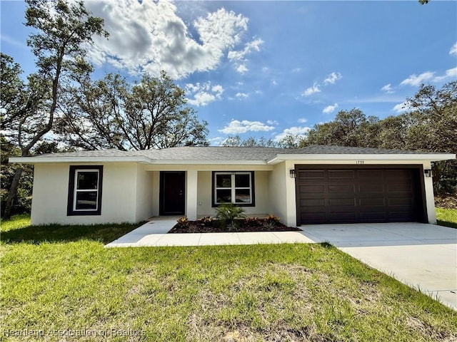 ranch-style house featuring stucco siding, concrete driveway, a front lawn, and a garage