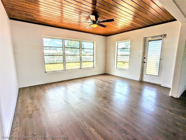 spare room with dark wood-type flooring, ceiling fan, and wooden ceiling