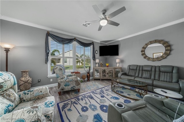 living room featuring crown molding, ceiling fan, and hardwood / wood-style flooring