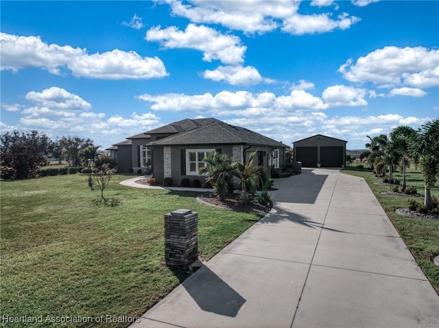 ranch-style house with a garage, an outdoor structure, and a front lawn