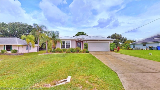 ranch-style house with a front yard and a garage